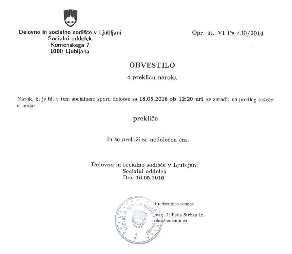 Obvestilo sodišča o preklicu obravnave 18. maja 2016