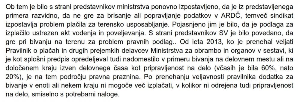 MORS o pravni praznini za plačilo bivanja pripadnikov SV - iz zapisnika sestanka med MORS in SVS