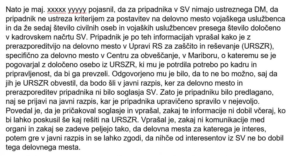 Pojasnila majorja pripadniku SV v starosti 10 mesecev pred dopolnitvijo 45 let na informativnem razgovoru